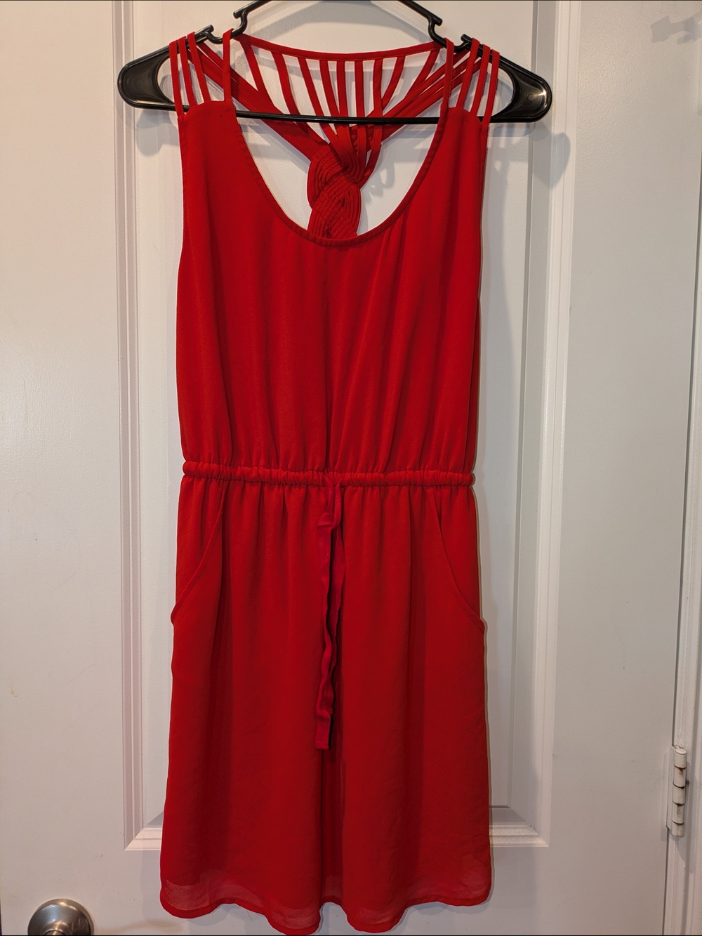 Naked Zebra Red Strappy Back Dress Small Sleeveless Mini Dress Pockets